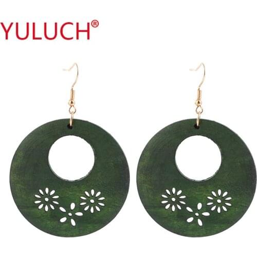 YULUCH 2018 Natural Wooden Round Hollow Out Plum Pendant Earrings for African Ethnic Womens Fashion Jewelry Gifts