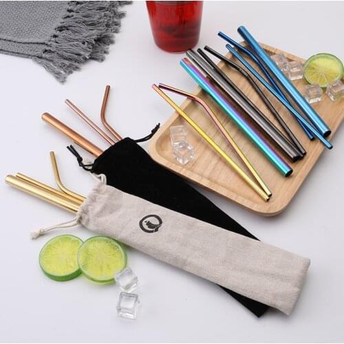 Bubble Tea Stainless Steel Straw Reusable Drinking Straws Set Curved Metal Straws Bag with Brush For Smoothies Juice Tea