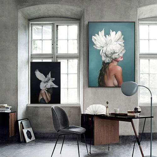 Modern Abstract Wall Art Feather Woman Head Flower Canvas Painting Nordic Poster Wall Pictures Print for Living Room Wall Decor