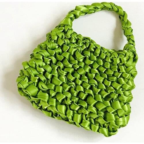 Ribbon Bag Women Hand Woven Bag Evening Candy Color Crochet Bag Summer Fluorescent Green Scarf Bag Female Satin Mini Clutch