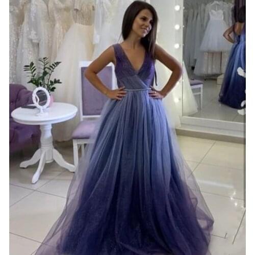 Evening Dress V-Neck 2021 A-Line Purple Custom Made Backless Formal Party Gowns Mix Color Sleeveless Tulle Prom Unique Design