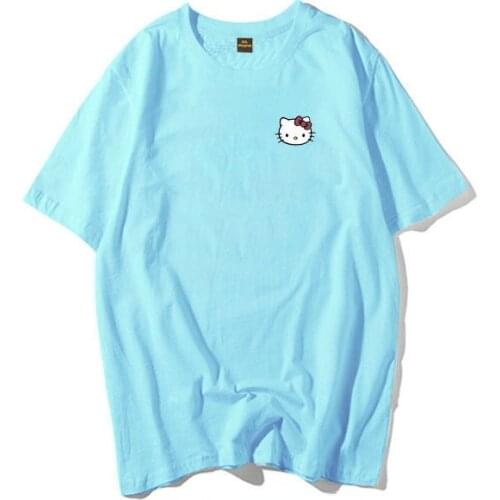 2021 Summer Cotton Single Color Loose Oversized Cartoon Kitty Print Women T-shirt Japanese Sweet Kawaii Aesthetic Clothes Y2k