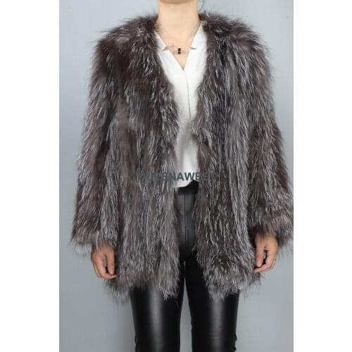 New Arrival Wholesale Fur Coat Knit Silver Fox Fur Overcoat Women Winter Real Jacket Full Sleeves Outerwear