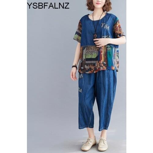 Fashion Denim Vintage Patchwork Print 2 Two Piece Set Summer Short Sleeve Loose Casual Tee T-shirt Women Tops 2021 Jeans Pants