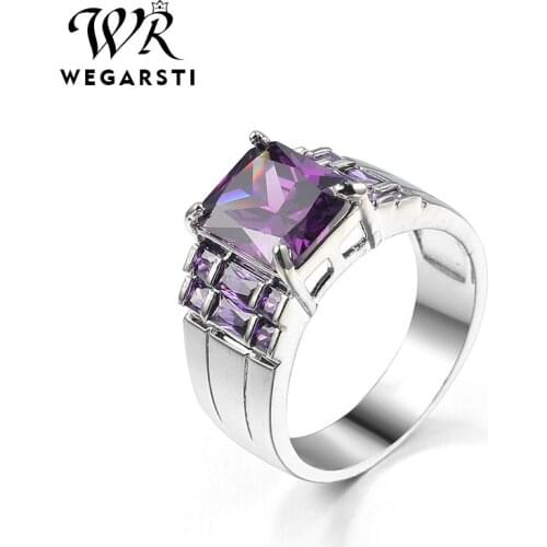 WEGARSTI 100% 925 Sterling Silver Finger Ring Square Natural Amethyst Wedding Engagement Rings For Women Fine Jewelry Gifts
