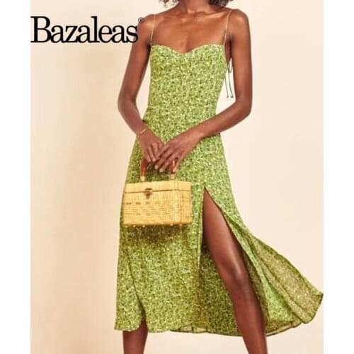 Bazaleas Green Floral Print women midi dress Elegant Adjust Spaghetti straps vestido Vintage Elastic Bust Side Split women dress