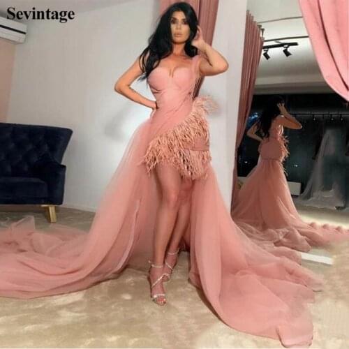 Sevintage Chic Short Front Long Back Prom Dresses Sweetheart Feathers One Shoulder Evening Gowns Long Train Women Party Dress
