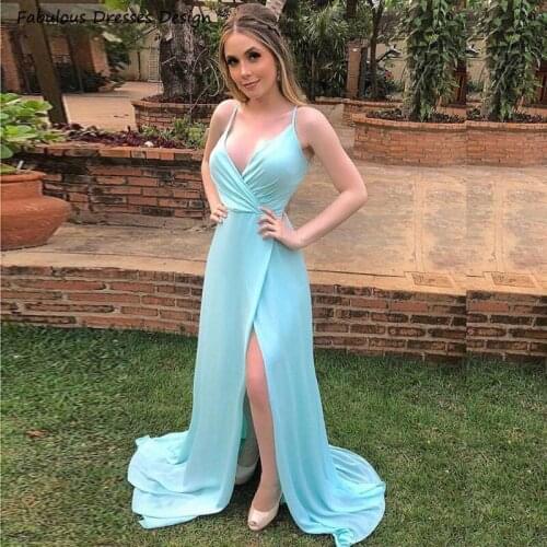 2021 A Line Chiffon Prom Dresses Light Blue Alluring V-neck Criss Cross Backless With Split Long Evening Dress Party Vestidos
