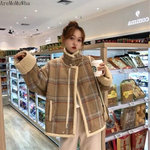 AreMoMuWha New Womens Winter Port Wind Loose Thick Plaid Imitation Lamb Fur Coat Motorcycle Clothing Cotton Clothes Coat MH522