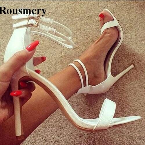 Free Shipping Women Fashion Open Toe White Leather High Heel Sandals Ankle Strap Thin Heel Sandals Formal Dress Shoes