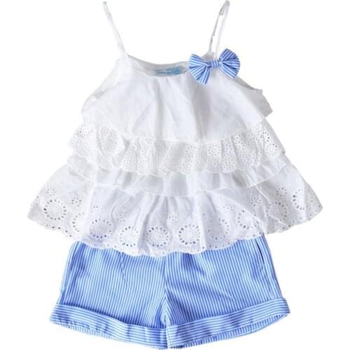 Vest Hollow Out Lace Elastic Waist Kids Girls Sleeveless Tops Stripe Shorts Set for Going Out