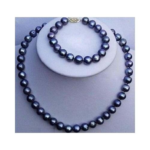 Hot selling *****stunning 8-9mm tahitian black pearl necklace bracelet set Jewelry