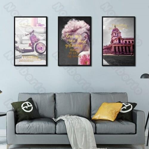 Modern Style Canvas Painting Wall Poster Light Pink Color Motorcycle Fashion Boy European Architecture for Home Rooms Decoration
