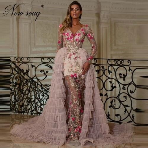Customized Pink 3D Flowers Prom Dresses With Detachable Train Middle East 2020 See Through Formal Party Gowns Robe de soiree
