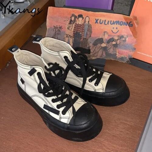 Ladies Platform Lace-Up White Sneakers Summer Fashion Casual Vulcanized Shoes WomenS Thick-Soled Retro High-Top Canvas Shoes
