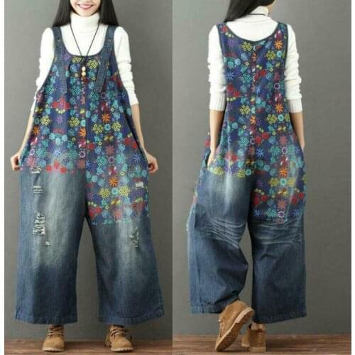 Dungarees Jumpsuit Denim Overalls Baggy Hippy Wide Leg Ripped Jeans Floral Print