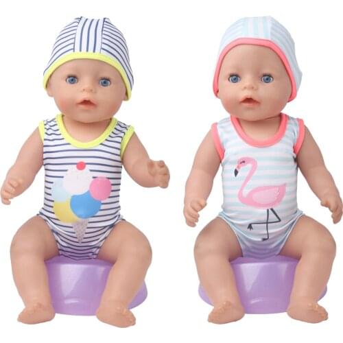 40-43 Cm Boy American Dolls Swimwear Print Striped Suit + Swimming Cap Newborn Baby Toys Accessories Fit 18 Inch Girls Doll f894