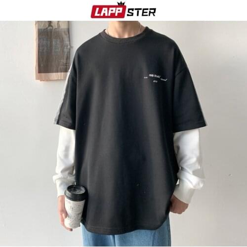 LAPPSTER Men Fake Two Pieces Harajuku Hoodies 2020 Pullovers Korean Patchwork Sweatshirts Male Japanese Streetwear Clothes