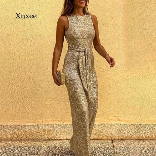 Summer Womens Sleeveless One-Piece Trousers Casual Tie Suit Round Neck Sleeveless Personality Sequined Silver Dot Jumpsuit
