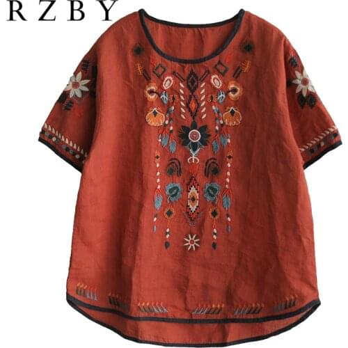 Summer 2021 Plus Size Women Clothes Fllower Embroidery Vintage Shirt Cotton Linen Female Blouse Casual Fashion Tops RZBY452
