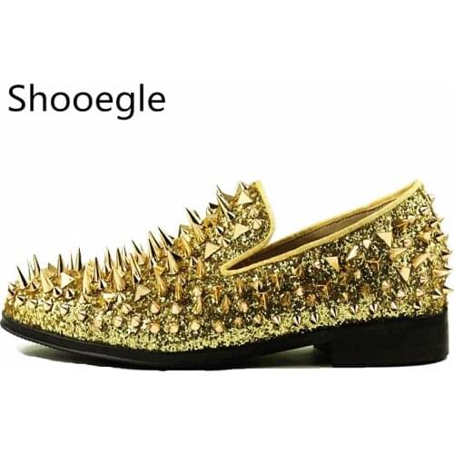 Runway Shinning Studs mens spike shoes black sliver gold glitter loafers men Rivets Party Dress Flats shoes