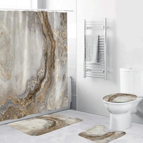 White Marble Shower Curtain Set with Non Slip Rug Bath Mat Carpet Modern Home Decoration Bathroom Curtains Toilet Lid Cover