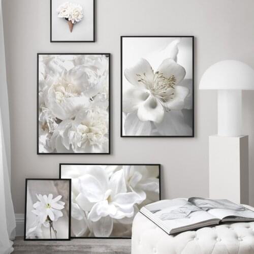 White flowers roses rose peony lily wall art canvas painting nordic minimalist plant poster home interior decoration painting