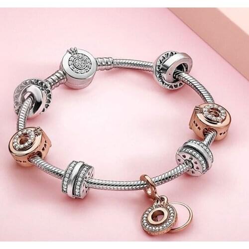 Autumn 2020 Signature Splash Rose Sparkling Logo & Crown O Dangle Charm Diy Bracelet Original 1:1 Suitable For Womens Jewelry