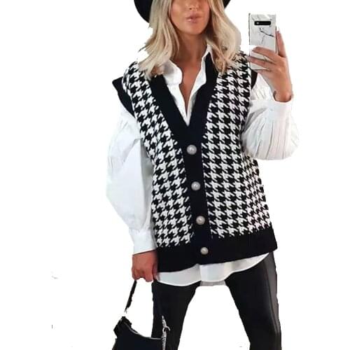 2021 Autumn And Winter Womens Celandine Black Houndstooth V-Neck Vest Loose Sleeveless Sweater Fashion Casual Pullover