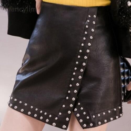 Autumn Winter Personality Rivet PU Leather Skirt Woman Super Cool Open Fork Irregular Nail Bead Hip Skirts Ladies 2xl