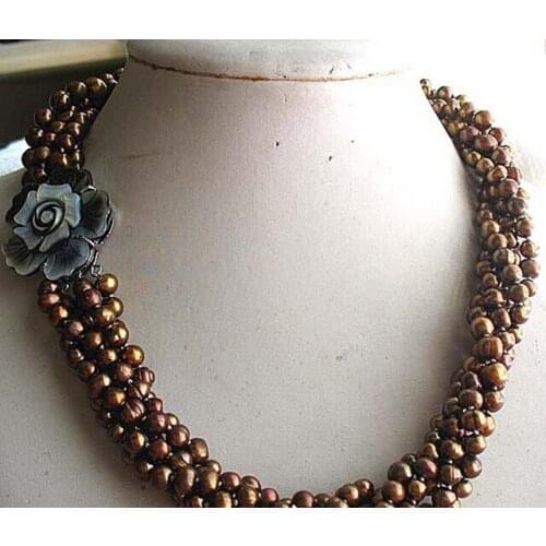 Popular 5rows freshwater pearl coffee round 5-7mm necklace 17"