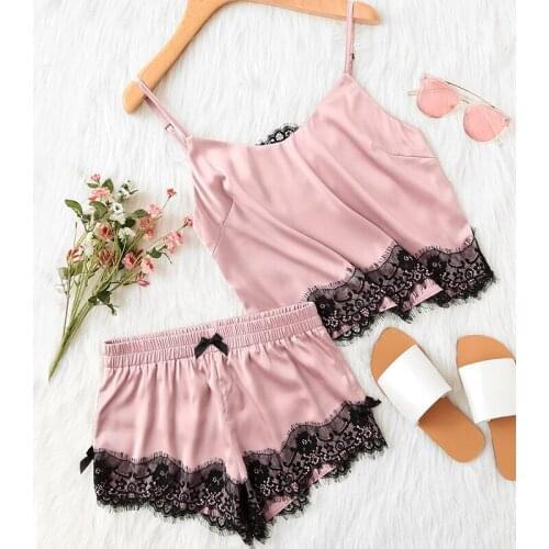 Women Pajamas Sets Fashion Lace Satin Pijama 2020 Summer Nightwear Sexy Pink Lingerie Pajamas For Women Sleep Wear