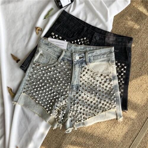 2021 Womens summer Hot Fashion High Waist Button Punk Rivet Studded Denim Short Shorts For Woman streetwear jeans shorts KZ223
