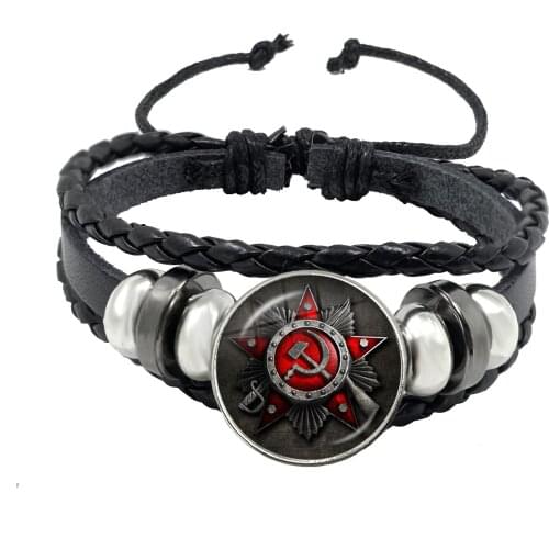 CCCP USSR Soviet Army Red Star Black Leather Button Bracelet Glass Cabochon Art Round Russian Badges LOGO Bangle For Friends