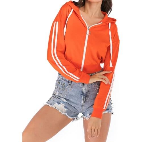 Womens Fashion Solid Color Zipper Hoodie Casual Long Sleeve Bare Midriff Cardigan Spring Autumn Sweatshirt With Drawstring