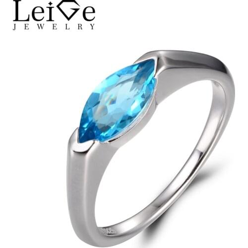 LeiGe Jewelry Real Swiss Blue Topaz Rings Proposal Rings November Birthstone Rings Marquise Cut Rings 925 Sterling Silver Gifts