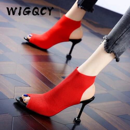 Knitted Elastic Mesh Peep Toe High Heel sandals women New Summer shoes woman Europe Thin Heels Slip-On Open Toe female shoes