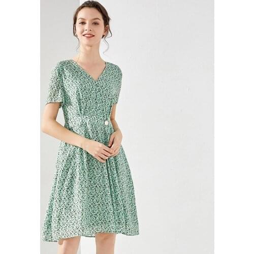 Green Pink Little Floral Silk Dresses Women 2021 Summer Long Casual Sexy Office Work Daily Dress Plus Size Slim Fit A Line