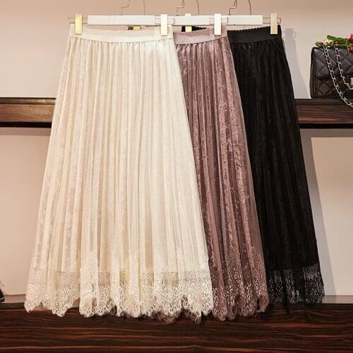 Black Lace Stitch Pleuche Long Pleated Female Plus Large Size Korean Oversized Vintage WomenS Skirts Clothes Lady D0432
