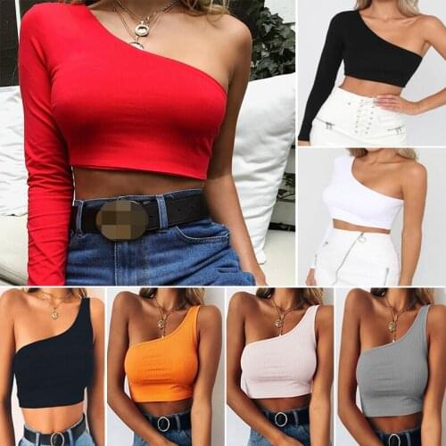One Shoulder Slope Neckline T Shirt Sexy Solid Long Sleeve Womens Tshirt White Black Crop Top Ladies T-shirt 2021 Summer