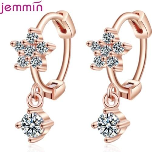 Women 925 Sterling Silver Flower Earrings Rose Gold Color AAA Cubic Zirconia Clear Crystal Jewelry Rose Gold Color