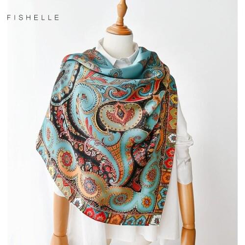 Peacock blue natural satin silk scarf 110cm big square bandana printed 100% pure silk scarves women luxury shawl gift for lady