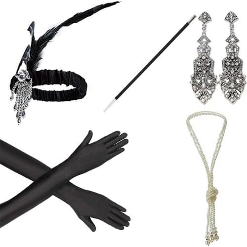 Black 1920s Accessories Set Great Gatsby Flapper Costume for Women Headband Gloves Cigarette Holder Necklace Bracelets