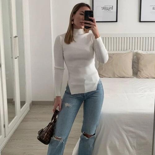 JUNWU Summer Long Sleeve Turtleneck Knit Long Sweater Pullover Halter Bowknot Tie Design Top Sexy Split French Za Style