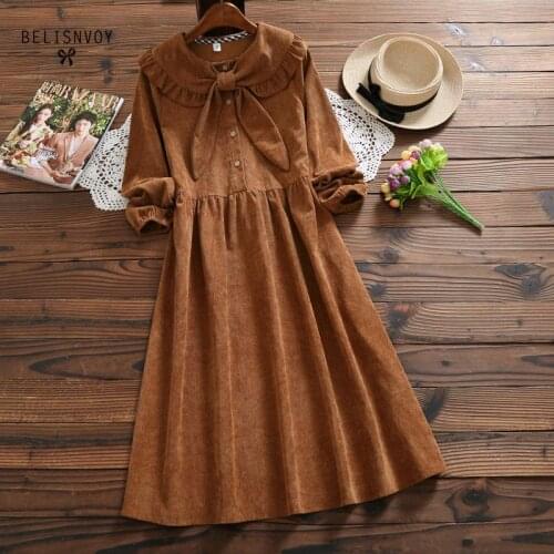 Robe Femme 2019 Autumn Winter Sweet Women Dresses Peter Pan Collar Bow Loose Corduroy Vintage Elegant Dress Vestido Longo