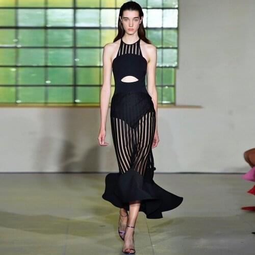 Designer Striped Ruffle Sheer Mesh Bandage Fishtail Dress Black Sleeveless Cut Out Off Shoulder Maxi Mermaid Sheath Femme Dress