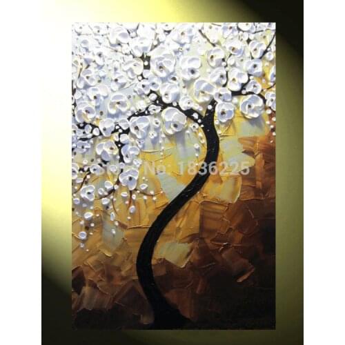 Cherry blossoms white flower tree canvas picture hand made 1 pieces modern oil painting on canvas wall paintings for living room