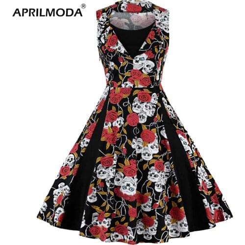 5XL 4XL Plus Size Skull Print Halloween Party Midi Dress Retro Vintage Swing Rockabilly Dot Floral Patchwork Office Jurken 2020