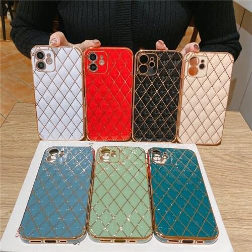 Luxury Plating Diamond Lambskin Phone Case for iPhone 11 12 Mini XS Pro Max XR X 7 8 Plus SE 2020 Soft Silicon Cover Coque Girl