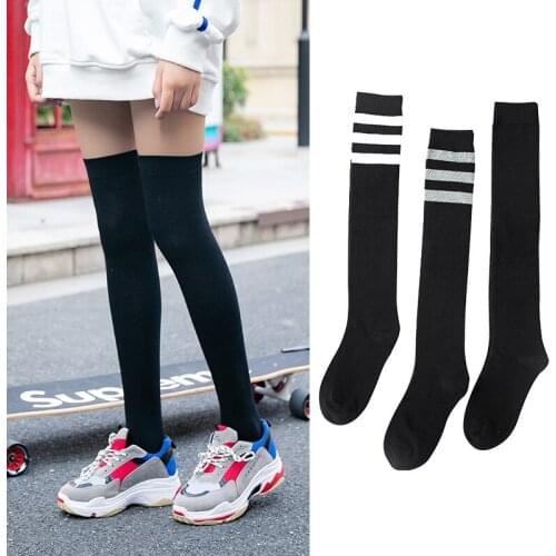 CA099 College Style Knee Stockings Solid Striped Sexy Lingerie Women Gaiters Soft Cotton Thigh Stocking Black Slim